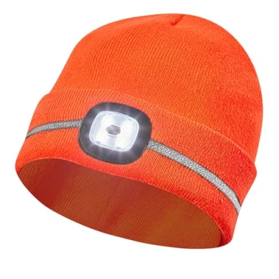 Abbildung von Gebol LED Haube Orange Stirnlampe auf Strickmütze Beanie mit Reflexionsstreifen USB Anschluss zum Aufladen 60 Minuten Leuchtdauer 4 Leuchtstufen Unisex 1 Stück