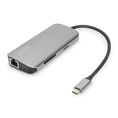Abbildung von DIGITUS USB C Multiport Docking Station 8 Ports 2x HDMI (4K@30Hz) 3.0 / 2.0, 1x Typ RJ45 LAN, Kartenleser Grau