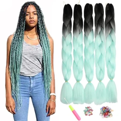 Abbildung von ShowJarlly Jumbo Braid Kunsthaar Haar, Ombre Extension, 24 Zoll Kanekalon Haar Flechten Extensions 5 Stücke Für Crochet Twist Box Zum Einflechten Zöpfe Schwarz/Hellgrün#