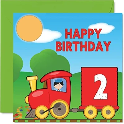 Abbildung von Stuff4 Geburtstagskarte zum 2. Geburtstag, Unisex, Zug Happy Birthday, Karte für 2 Jahre, Sohn, Tochter, Bruder, Schwester, Enkelin, Nichte, Neffe, Cousin, 145 mm x