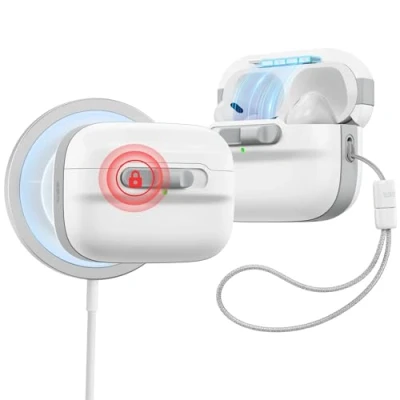 Abbildung von ESR für AirPods Pro 2./1. Generation Hülle (2023/2022/2019) mit HaloLock, MagSafe Ready, Magnetische Deckelverriegelung (USB C/Lightning Kabel), Sturzschutz Trageband, Pulse Serie, Weiß