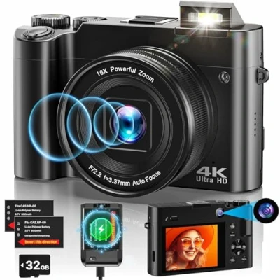 Abbildung von 4K Digitalkamera Fotokamera, 64MP Autofokus Vlogging Kamera mit 32G Karte, 2.8&#039;&#039; IPS Bildschirm 16X Digitalzoom, Kompaktkamera Ladegerät &amp; 2 Batterien für Jugendliche Anfänger Erwachsene