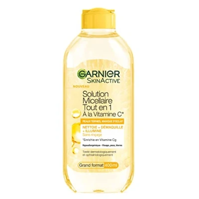 Abbildung von Garnier Mizellenwasser All in 1 angereichert mit Vitamin C Booster d&#039;Eclat für dunkle Haut Mangel an Glanz ohne Ausspülen hypoallergene Formel 400 ml