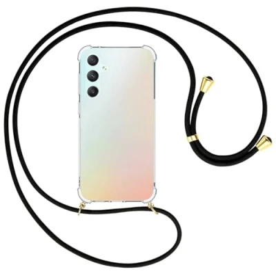 Abbildung von mtb more energy® Handykette kompatibel mit Samsung Galaxy S23 FE schwarz/Goldfarbene Ösen Smartphone Hülle zum Umhängen Anti Shock Full TPU Case