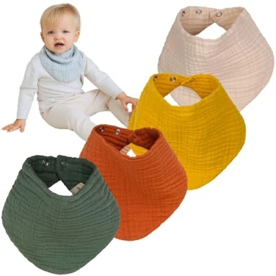 Abbildung von furora Baby Dreieckstuch Halstuch (Set 4 Stück): weiche Bio Musselin Baumwolle, Lätzchen, Sehr weich, Druckknöpfe für 3 Größen