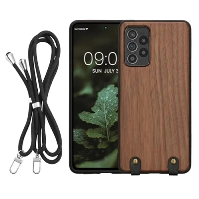 Abbildung von kwmobile Necklace Case kompatibel mit Samsung Galaxy A52 / 5G A52s Hülle Holz TPU Cover Handykette Band Handyhülle Dunkelbraun