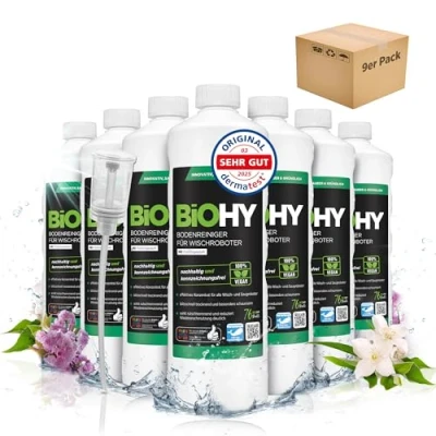 Abbildung von BiOHY Bodenreiniger für alle Wischroboter mit Frühlingsduft (9 x 1 Liter) + Dosierer Schaumarm &amp; Streifenfrei Reinigungsmittel Konzentrat Böden