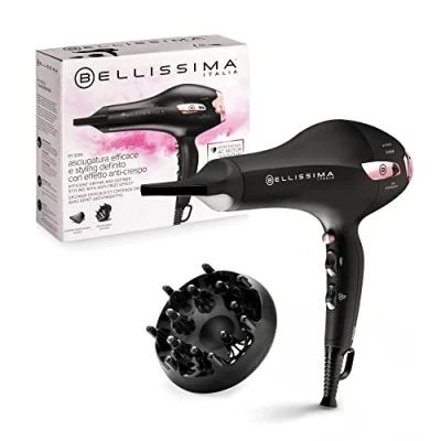Abbildung von Bellissima P7 3200, Haartrockner, Profi Motor, 2100 Watt, Ionisator, 2 Geschwindigkeiten, 3 Temperaturen, Lockendiffusor, Kaltluftstrahl, Licht, Reiseetui, Kabelclip