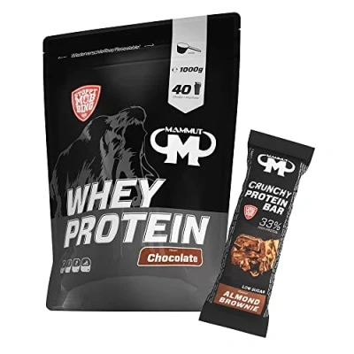 Abbildung von 1kg Mammut Whey Protein Eiweißshake Set inkl. Shaker, Riegel, Powderbank oder Tasse (Chocolate, Bar Almond Brownie)