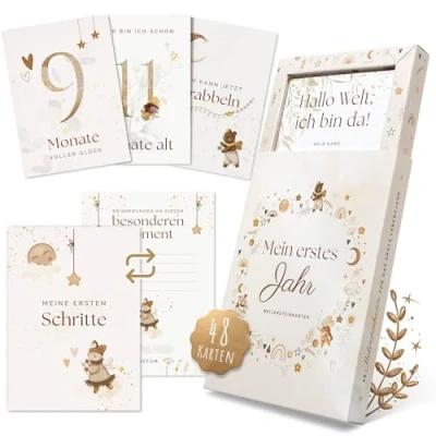 Abbildung von EULENTALER® 48 Meilensteinkarten Baby I Scandi Stil Von Pädagogen gestaltet Handgemalte Illustrationen Monatskarten für Meilensteine als Geschenk zur Geburt &amp; Babyparty