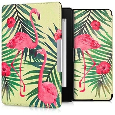 Abbildung von kwmobile Klapphülle kompatibel mit Amazon Kindle Paperwhite Hülle eReader Case (für Modelle bis 2017) Flamingo Palmen Rosa Grün Hellgrün