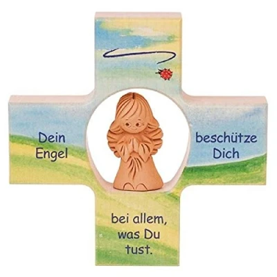 Abbildung von Fritz Cox® Dein Engel beschütze Dich&#039; Kinder Holz Kreuz mit (Namens Engel) 12cm x12 cm (Tonengel)