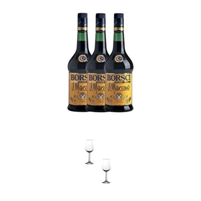 Abbildung von BORSCI San Marzano Kräuterlikör aus Italien 3 x 0,7 Liter + Nosing Gläser Kelchglas Bugatti mit Eichstrich 2cl und 4cl 2 Stück