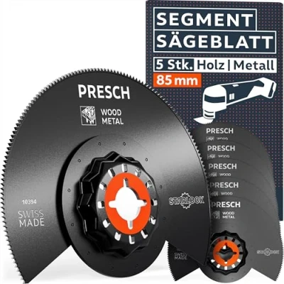 Abbildung von Presch Segmentsägeblätter Holz &amp; Metall 85mm 5 Stk. Multitool Sägeblätter für werkzeuglosen Wechsel Saubere, exakte Schnitte dank robuster BI Zähne Präzise Starlock