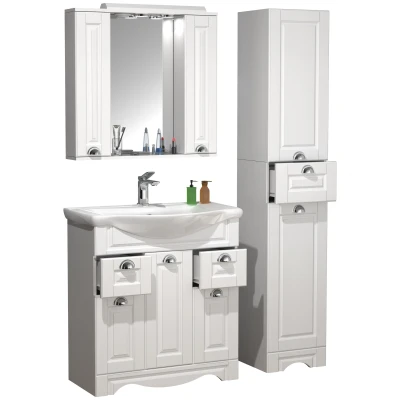 Abbildung von VCM Waschbeckenunterschrank &quot;VCM 4 tlg. Waschplatz Waschtisch Breite 75 cm Badmöbel Set Waschbecken Spiegelschrank Hochschrank Schublade Landhaus Casalo XL&quot;, (4 St.)