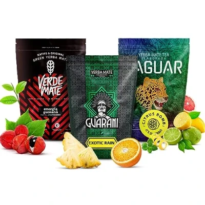 Abbildung von Mate Tee Set Verde Mate, Yaguar und Guarani Dreierpack Guarana, Zitrusfrüchte, tropische Früchte Original Natürliches Koffein 3x500g 1,5kg