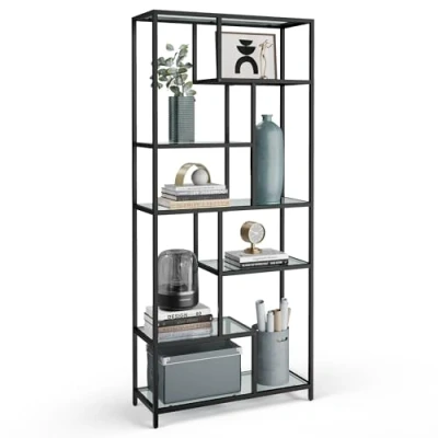 Abbildung von VASAGLE Bücherregal, Regal mit 6 Ablagen, Standregal, Ablagen aus Hartglas, 30 x 80 180 cm, für Arbeitszimmer, Büro, Wohnzimmer, Schlafzimmer, Küche, tintenschwarz transparent LGT502B61