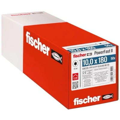 Abbildung von fischer PowerFast II CTP 10,0 x 180, kraftvolle Holzbauschraube mit Senkkopf, Innenstern Aufnahme und Teilgewinde, für den konstruktiven Holzbau, 50 Stk.