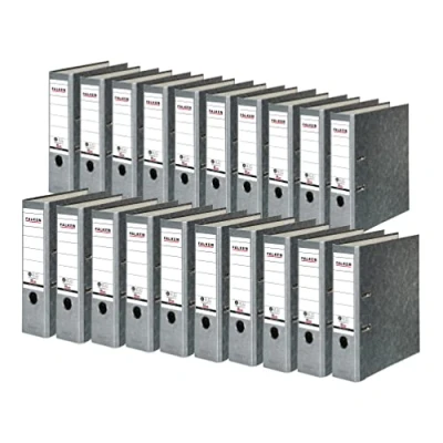 Abbildung von Original Falken 20er Pack Recycling Ordner Wolkenmarmor. Made in Germany. 8 cm breit DIN A4 grauer Rücken Ringordner Aktenordner Briefordner Büroordner Pappordner CO2 Neutral Blauer Engel