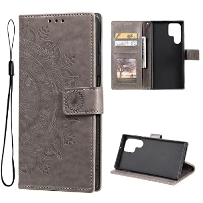 Abbildung von CoverKingz Handytasche kompatibel mit Samsung Galaxy S22 Ultra Handy Case Kartenfach Handyhülle Flipcase klappbar Motiv Mandala Grau