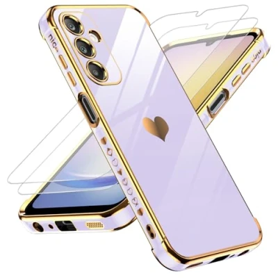 Abbildung von LeYi Hülle für Samsung Galaxy A25 5G Handyhülle mit 2*Schutzfolie, Cute Herz Muster TPU Silikon Galvanik Stoßfest Schutzhülle Cover Case, Kameraschutz Kratzfest A 25 Lila