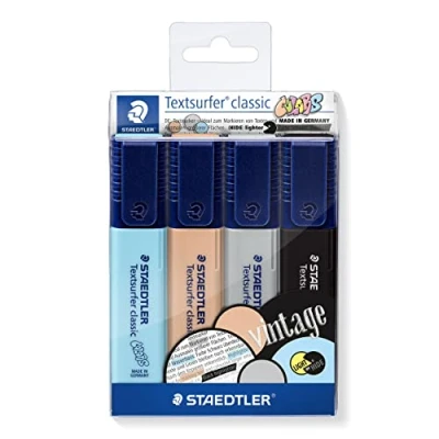 Abbildung von STAEDTLER 364 CWP4 Textsurfer classic Textmarker (hohe Qualität Made in Germany, mit großem Tintenspeicher für extra lange Markierleistung, Etui 4 Farben, Vintage)
