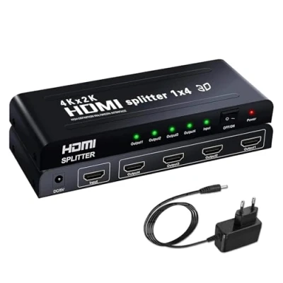 Abbildung von HDMI Splitter 1 in 4 Out，Der Verteiler unterstützt 4K x 2K, 3D, 1080p@60Hz, und den gleichzeitigen Anschluss von bis zu Vier High Definition Displays