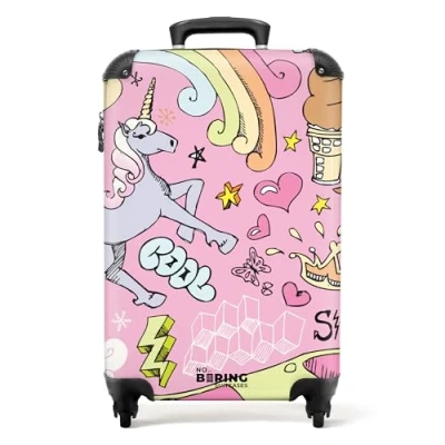 Abbildung von NoBoringSuitcases.com© Kinderkoffer Rosa Einhorn Skateboard Zeichnung 55x35x20cm, 4 Rollen, Handgepäck Koffer, Kinderkoffer, Reisekoffer Mädchen