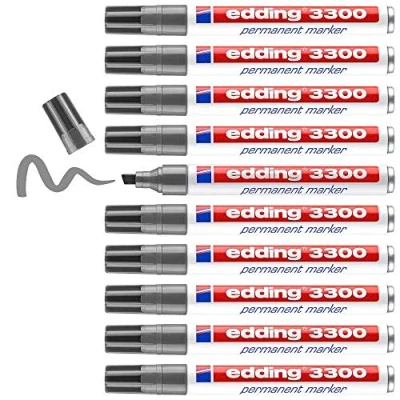 Abbildung von edding 3300 permanent marker grey box of 10 chisel tip 1 5 mm quick drying markers waterproof, smudge proof for cardboard, plastic, wood, metal, fabric pens