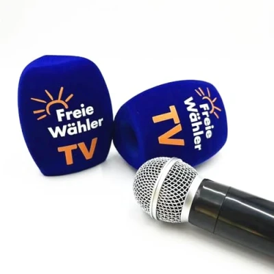 Abbildung von 2 Packungen beflockte Mikrofon Schaumstoff Windschutzscheibe, individuelles Logo für Handinterview, Mikrofonabdeckungen, 40 mm Öffnung, Universal Mikrofone, Blau