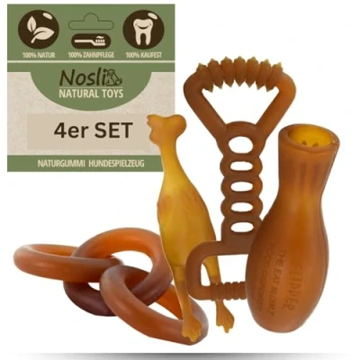 Abbildung von Nosli Natural Toys Hundespielzeug Set 100% Naturkautschuk Zahnpflege &amp; Kauspielzeug Robuste Wurf Zerrspielzeuge für kleine große Hunde Intelligenz Fitnessspielzeug 4 Stück