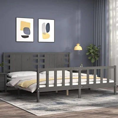 Abbildung von vidaXL Massivholzbett, Bett mit Kopfteil, Holzbett Doppelbett für Schlafzimmer, Bettrahmen Bettgestell Lattenrost, Grau 200x200cm