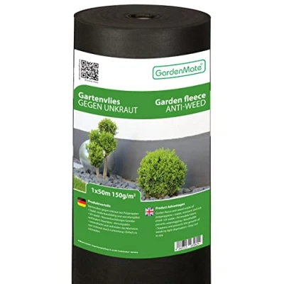Abbildung von GardenMate 50m² Unkrautvlies Gartenvlies Rolle 1mx50m 150g/m² Premium Unkrautfolie wasserdurchlässig Extrem Reißfestes Flies Gartenflies Gartenfolie Beetfolie Pflanzfolie Hohe UV Stabilisierung