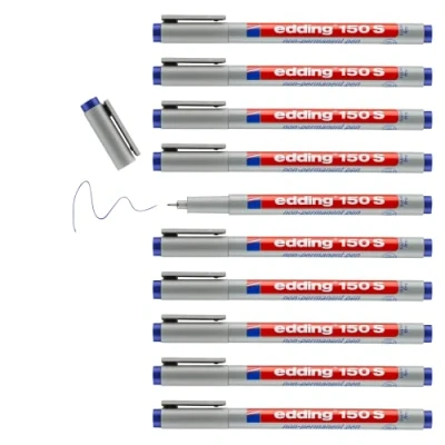 Abbildung von edding 150 S Non permanent pen blau 10 Stifte Rundspitze 0,3 mm Stift zum Schreiben auf Glas, Kunststoff, Folien und glatten Oberflächen schnelltrocknend, mit Wasser korrigierbar