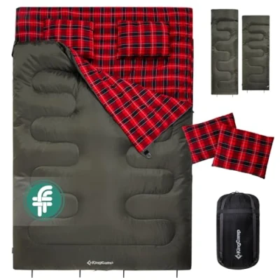 Abbildung von KingCamp Doppelschlafsack Winter Schlafsack 2 Personen Outdoor Warmer Deckenschlafsack Tragbar Leicht 3 4 Jahreszeiten mit Flanell Kissen Camping für Kinder &amp; Erwachsenen 4kg Grün.