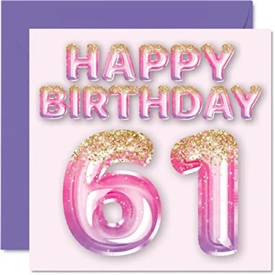 Abbildung von Stuff4 Geburtstagskarte zum 61. Geburtstag für Frauen rosa und lila Glitzerballons Happy Karten 61 Jahre alte Frau Mama Nanny Grandma Gran Tante, 145 mm x Grußkarten Geschenk