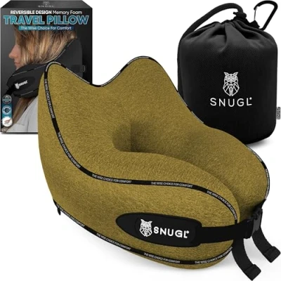 Abbildung von SNUGL Nackenkissen Memory Foam Waschbar &amp; Verstellbar Kuscheliges Nacken Reisekissen Für Flugzeug, Auto Unterwegs Reise Kissen Nackenhörnchen, Neck Travel Pillow (Dunkelgelb, Erwachsener Klein)