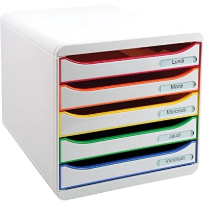 Abbildung von Exacompta 309913D Premium Ablagebox mit 5 Schubladen für DIN A4+ Dokumente. Stapelbare Schubladenbox hoher Kapazität mehr Platz auf dem Schreibtisch Big Box Plus Black Office Weiß Bunt