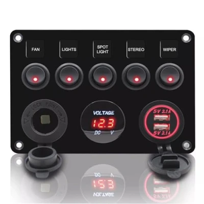 Abbildung von Geloo 5 Gang Schalter Panel, 12V/24V Kippschalter Panel IP65 Wasserdichte LED Voltmeter Dual USB Buchse Ladegerät für Auto Boot Marine RV Truck Camper Fahrzeuge