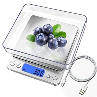 Abbildung von Digitale waage Küchenwaage, USB wiederaufladbar, 3 kg/0,1 g, Mini Lebensmittelwaage, elektrische Kochwaage, wasserdichte Digitalwaage, LCD Display, Edelstahl, für Zutaten, Schmuck, Kaffee