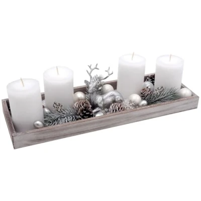 Abbildung von Adventsgesteck Weihnachten Weihnachtsdeko Tablett Weiß Hirsch Silber Tischdeko Deko