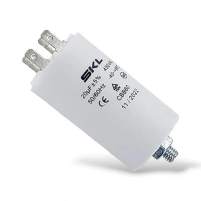 Abbildung von DEKAROX Universal Kondensator 20µF 450V Ø40x70mm mit 6.3mm AMP Steckfahnen Befestigungsschraube M8 CBB60 Motorstart und Laufkondensator für elektrische Haushaltsgeräte