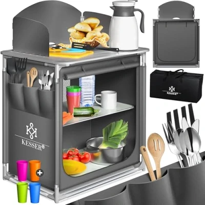 Abbildung von KESSER® Campingküche Inkl. Tragetasche &amp; Becherset Campingschrank Faltschrank mit Aluminiumgestell Reiseküche Küchenbox Zeltschrank Outdoor Camping Küche Grau Typ F2