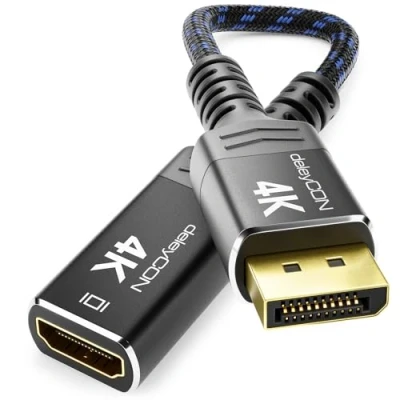 Abbildung von deleyCON 4K DisplayPort auf HDMI Adapter 1080P WQHD @ 60Hz // 4K@30Hz Aluminium Stecker Nylonkabel Plug &amp; Play Konverter Wandler Kabel Schwarz