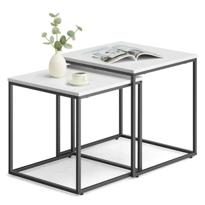 Abbildung von Home Collective Couchtisch 2er Set Quadratisch Beistelltisch Loft Design 2 in 1 Verschachtelung Kratzfeste Oberfläche, Wohnzimmer 50cm und 45cm Breit weiß mit schwarzen Beinen