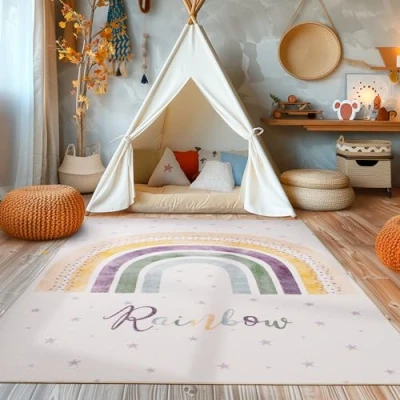Abbildung von SIMPEX24 Teppich Regenbogen, Rechteckig, Höhe: 7 mm, Jungen Mädchen Babyzimmer Kinderzimmer