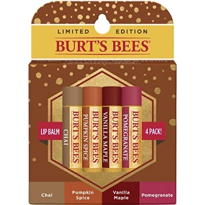 Abbildung von Burt&#039;s Bees 100% natürlicher feuchtigkeitsspendender Lippenbalsam, Herbst Sortimentspackung, Chai Tee, Kürbisgewürz, Vanilla Maple, Granatapfel, 4 Tuben Lippenbalsam