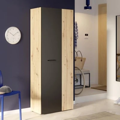 Abbildung von FORTE NET106 Schrank 70, Schuhschrank, Garderobenschrank, Abstellraum, Drehtürenschrank, 2 türig mit Einlegeböden, Schwarz Holzdekor: Artisan Eiche, 68,7 cm breit x 181,1 hoch 36,5 tief
