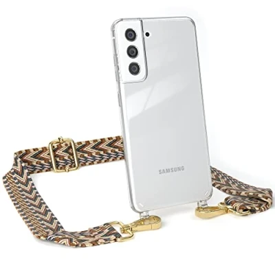 Abbildung von EAZY CASE Handykette Verstellbares Taschenband kompatibel mit Samsung Galaxy S21 FE 5G, Schulterriemen, Handykordel Silikon Hülle, Umhängetasche, Hell Braun/Braun Endstücke Gold