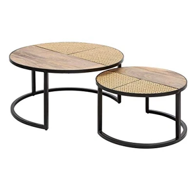 Abbildung von riess ambiente Couchtisch VIENNA LOUNGE Ø70cm natur / schwarz (Set, 2 St), Wohnzimmer · Massivholz Metall rund Rattan Wiener Geflecht